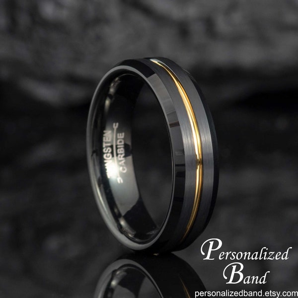 Unisex Comfort Fit Tungsten Wedding Ring for Women Men, Matching Anniversary Wedding Band for Couples, Yellow Gold Grooved Center Ring