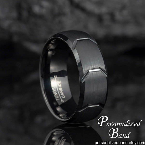 Black Tungsten Wedding Ring for Men Anniversary Ring with Black Tire Tread Design Gift for Boyfriend Engagement Ring Man Ring for Husband