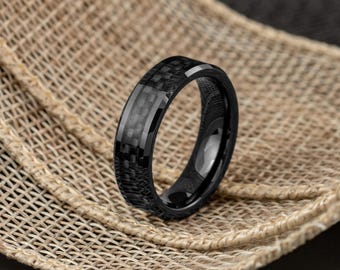 Tungsten Ring Mens Promise Ring, 6mm High Polished Black Ring, Carbon Fiber Inlay Ring Beveled Edge, Custom Engraved Gift