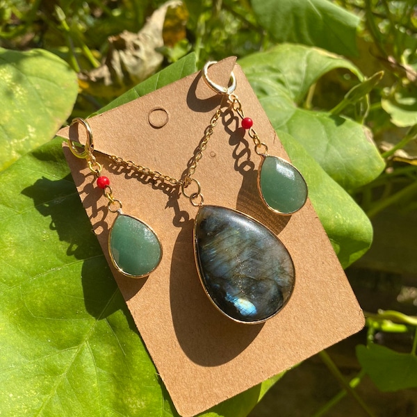 Howl 18k Gold Plated Green Adventurine Earrings and Labradorite Necklace set with Red Coral