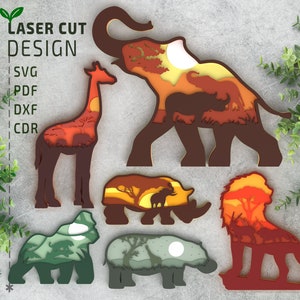 Pacchetto di animali da safari in Africa File di taglio laser SVG a strati, Glowforge, file di taglio laser 3D multistrato, file Cricut, dxf, cnc per legno,