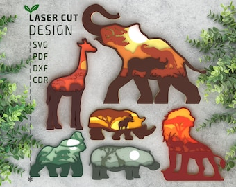 Africa Safari Animals bundle Layered SVG laser cut file, Glowforge , Multilayer 3d laser cutting file, Cricut File , dxf , cnc for wood,