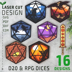 D20 dobbelstenen bundel gelaagde SVG, lasergesneden bestanden, Cricut-bestanden, Glowforge-bestanden, Xtool-bestanden, 3D-papercut-svg, 3D-svg, meerlaagse svg