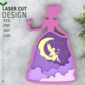 Princesa con archivo de corte láser SVG en capas de hadas para Glowforge, archivo de corte láser 3d multicapa, archivo Cricut, dxf, cnc para madera, corte de papel
