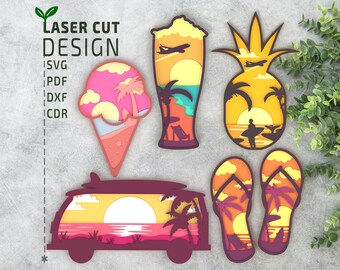 Summer Beach Sunset Bundle SVG Laser Cut Files, Layered svg, Multilayer Svg, 3d Svg, Glowforge files, Cricut files, 3d paper cut svg