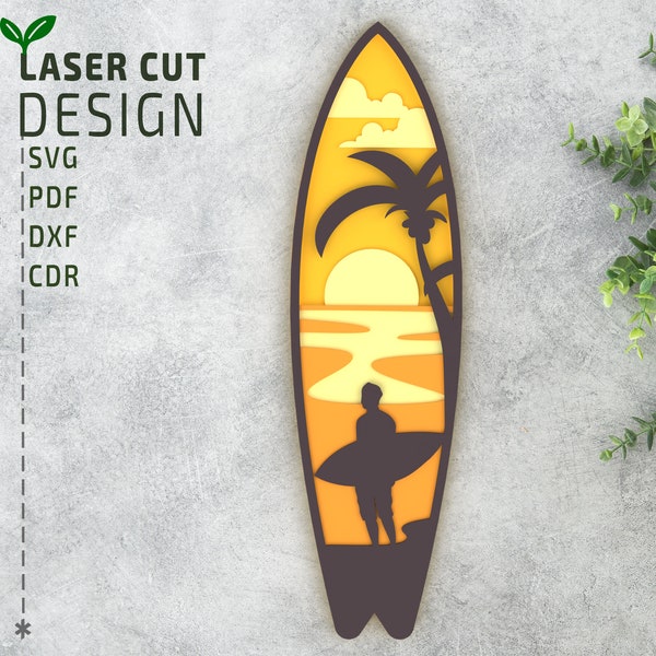 Surf with sunset Layered SVG, Laser cut files, Multilayer svg, 3d svg, Paper cut svg, Glowforge files, Cricut files