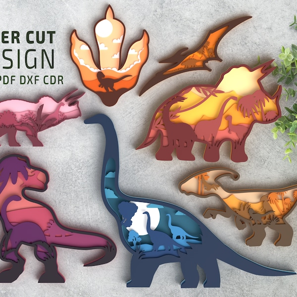 Dinosaures Bundle Layered SVG laser cut file, Glowforge, Multilayer 3d laser cutting file, Cricut File, dxf, cnc for wood