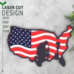 Carte des États-Unis avec soldat en couches SVG fichier découpé au laser, Glowforge, svg multicouche, svg 3D, svg papercut 3D, fichiers Glowforge, fichiers Cricut