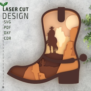 Bottes de cow-boy fichier de coupe SVG en couches pour la découpe laser, découpe de papier. Multicouche 3D, Cricut, Glowforge, papier découpé, découpe laser, Western