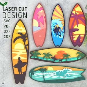 Surfplanken gelaagde SVG-bundel, lasergesneden bestanden, cricut svg, glowforge-bestanden, 3D-papercut svg, 3D-svg, meerlaagse svg, Surf Svg