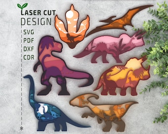 Dinosaurs Bundle Layered SVG laser cut file, Glowforge , Multilayer 3d laser cutting file, Cricut File , dxf , cnc for wood
