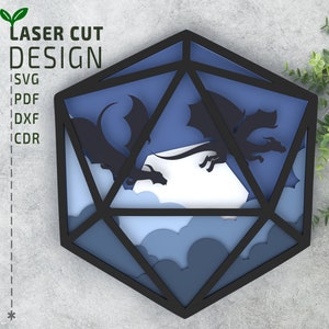 3D D20 Würfel mit Drachen überlagert SVG, 3D SVG, mehrschichtige lasergeschnittene Dateien, Laser geschnittene Dateien, 3d Papierschnitt svg, Glowforge Dateien, Cricut svg