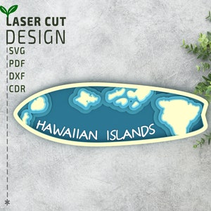 Surf met Hawaii kaart gelaagde SVG, lasergesneden bestanden, meerlaagse SVG, 3D SVG, Glowforge-bestanden