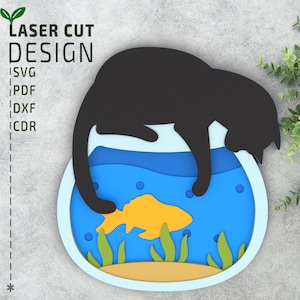 Chat avec un bocal à poissons, fichier de découpe laser SVG en couches pour Glowforge, fichier de découpe laser 3D multicouche, fichier Cricut, découpe de papier