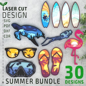 Paquete SVG en capas de verano, archivos cortados con láser, cricut svg, archivos Glowforge, 3d papercut svg, 3d svg, Multilayer svg, Surf Svg, Beach svg