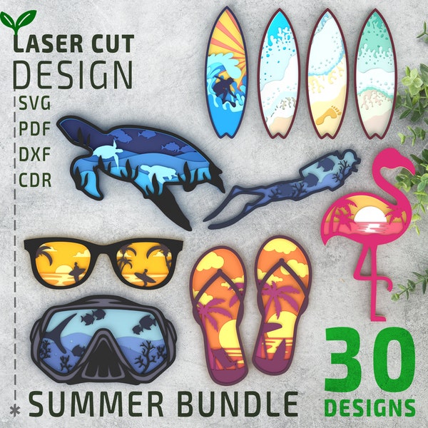 Summer Layered SVG Bundle, laser cut files, cricut svg, glowforge files, 3d papercut svg, 3d svg, Multilayer svg, Surf Svg, Beach svg