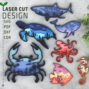 Zeedieren bundelen gelaagd SVG-snijbestand voor lasersnijden, papiersnijden. Meerlaags 3D, Cricut, Glowforge, papercut, lasersnijden,