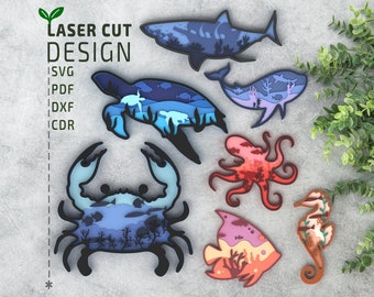 Sea creatures bundle Layered SVG Cut File for Laser Cutting, Paper Cutting. Multilayer 3d, Cricut, Glowforge, papercut, laser cutting,