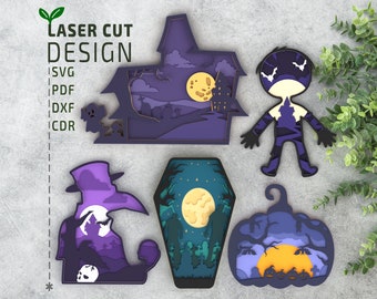 Halloween Bundle Layered SVG, Laser Cut Files, Multilayer Svg, 3d Svg, Glowforge files, Cricut files, 3d paper cut svg