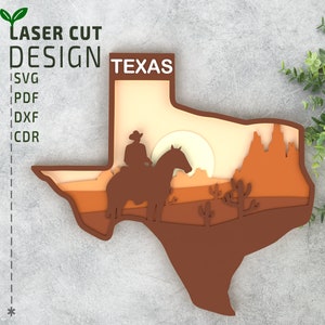 May include: Laser cut design of the state of Texas with a cowboy riding a horse in front of a sunset and mountains. The design includes the text "TEXAS" and is available in SVG, PDF, DXF, and CDR formats.