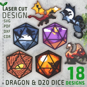 Draghi e D20 Dice Bundle Layered SVG, file tagliati al laser, file SVG multistrato, cricut SVG, file Glowforge, 3D Papercut SVG, 3D SVG