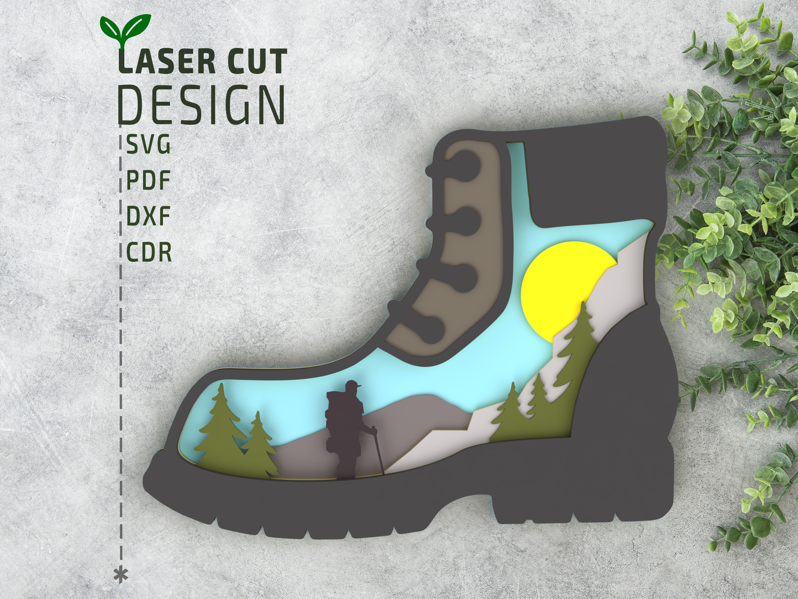 Hiking Boot With Scene Layered SVG Cut File for Laser Cut