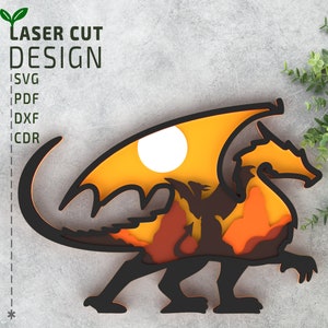 Dragão com arquivo de corte a laser SVG em camadas de cena para Glowforge, arquivo de corte a laser 3D multicamadas, arquivo Cricut, corte de papel