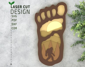 Bigfoot Laser Cut File – Layered SVG Multilayer 3D Design with Sasquatch and Footprint for Forest Wall Art