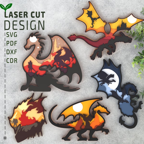 Dragon Layered SVG Bundle, laser cut files, multilayer laser cut file, cricut svg, glowforge files, 3d papercut svg, 3d svg, Multilayer svg