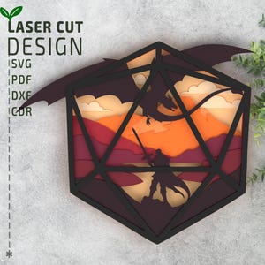 Archivo de corte láser de dragón y caballero de dados D20: diseño SVG 3D multicapa en capas para arte mural de fantasía o decoración de salas de juegos.
