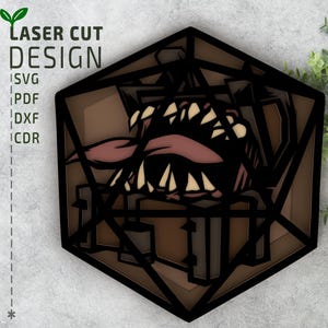 Arquivo de corte a laser para baú de monstros com dados D20 – Design 3D multicamadas SVG em camadas para arte de parede de fantasia ou decoração de sala de jogos