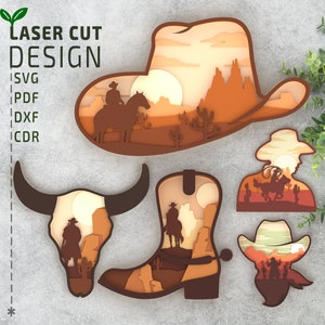 カウボーイバンドル レイヤード SVG カットファイル、レーザーカット、ペーパーカット用。マルチレイヤー 3D、Cricut、Glowforge、ペーパーカット、レーザーカット、ウエスタン