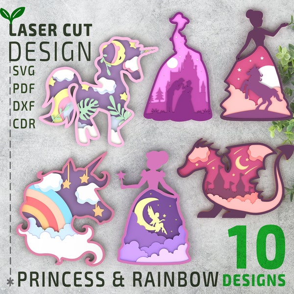 Bundle princesse et licorne arc-en-ciel en couches SVG, fichiers découpés au laser, svg Glowforge, fichier de découpe laser 3d multicouche, fichier Cricut, papier découpé