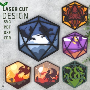 Pacote SVG em camadas de dados D20, arquivos cortados a laser, arquivo SVG multicamadas, cricut svg, arquivos glowforge, 3d papercut svg, 3d svg, Multilayer svg