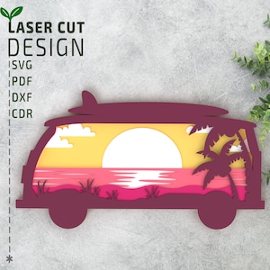 May include: A maroon-colored silhouette of a vintage van with a surfboard on top. The van has a sunset scene inside with a yellow sky, pink water, and a palm tree. The scene is perfect for a summer-themed craft project.