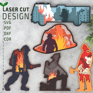 Fichiers de pompier Bundle SVG, fichiers SVG en couches, Svg multicouche, Svg 3D, fichiers Glowforge, fichiers Cricut, 3D papier découpé svg