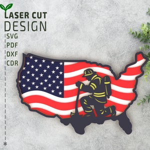 Carte des États-Unis avec pompier en couches SVG fichier découpé au laser, svg multicouche, svg 3D, svg papercut 3D, fichiers Glowforge, fichiers Cricut