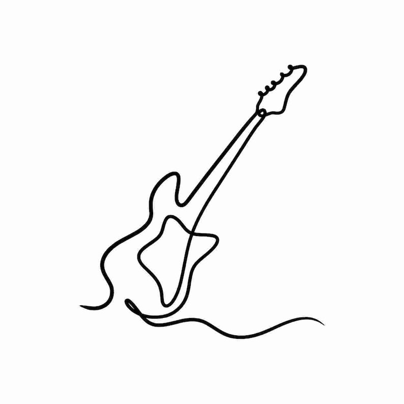 May include: A black and white line drawing of an electric guitar with a single continuous line.