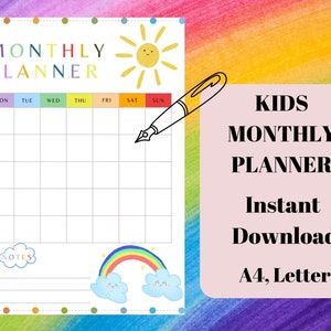 Kids Monthly Planner | Rainbow Daily Planner | Colorful Planner | Homeschool Planner | Kids Schedule | Kids Daily Calendar |