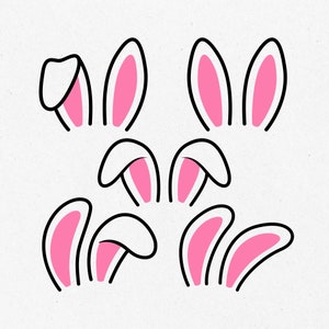 May include: A collection of cartoon bunny ears in various poses. Each ear is outlined in black with a white exterior and a pink interior. The ears are arranged on a white background, perfect for Easter or spring-themed designs.
