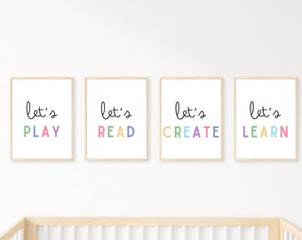 Let's Play Let's Read Let's Learn Let's Create Set of 4 Playroom Prints, Boho Classroom Decor, Let's Play Sign, Nursery Wall Art, Kids Decor