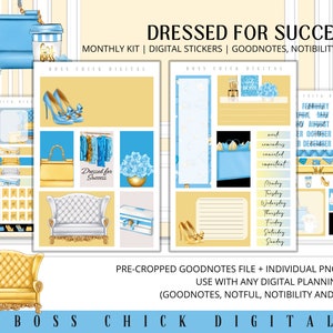 May include: A digital planner sticker kit with a yellow and blue color scheme. The kit includes stickers of a couch, a purse, shoes, and a calendar. The text "Dressed for Success" is at the top of the image. The text "Boss Chick Digital" is at the bottom of the image.