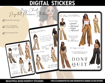 May include: Digital planner stickers featuring a woman in a white top and brown trousers with inspirational quotes such as "Don't be afraid. Be focused. Be determined. Be hopeful. Be empowered." and "It's a beautiful day to go after your dreams. Don't quit."