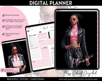 Digital Planner, Goodnotes Planner, African American Girl Boss Lady Digital Planner Functional iPad Digital planner, Notability Planner