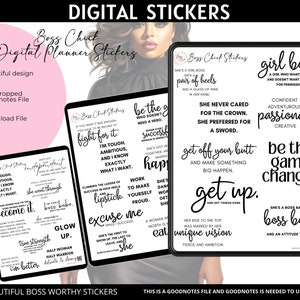 May include: A set of digital planner stickers with motivational quotes for women. The stickers feature black text on a white background with a pink and black illustration of a woman. The text includes quotes such as "be the game changer", "get off your butt", "she never cared for the crown", "fight for it", "glow up", "become it", "true strength", "independent", "boss babe", "lipstick", "excuse me", "work to make yourself proud", "she's got her own happy", "a woman is worth eating", "her rise to the top was marked by her unique vision", "girl boss", "confident, adventurous, passionate, creative", "she's a boss babe with a boss body and an attitude to match".