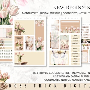 Digital Planner Stickers Monthly Digital Sticker Kit | Digital Pre-Cropped Goodnotes File Digital Stickers | PNG&#39;s | New Beginnings