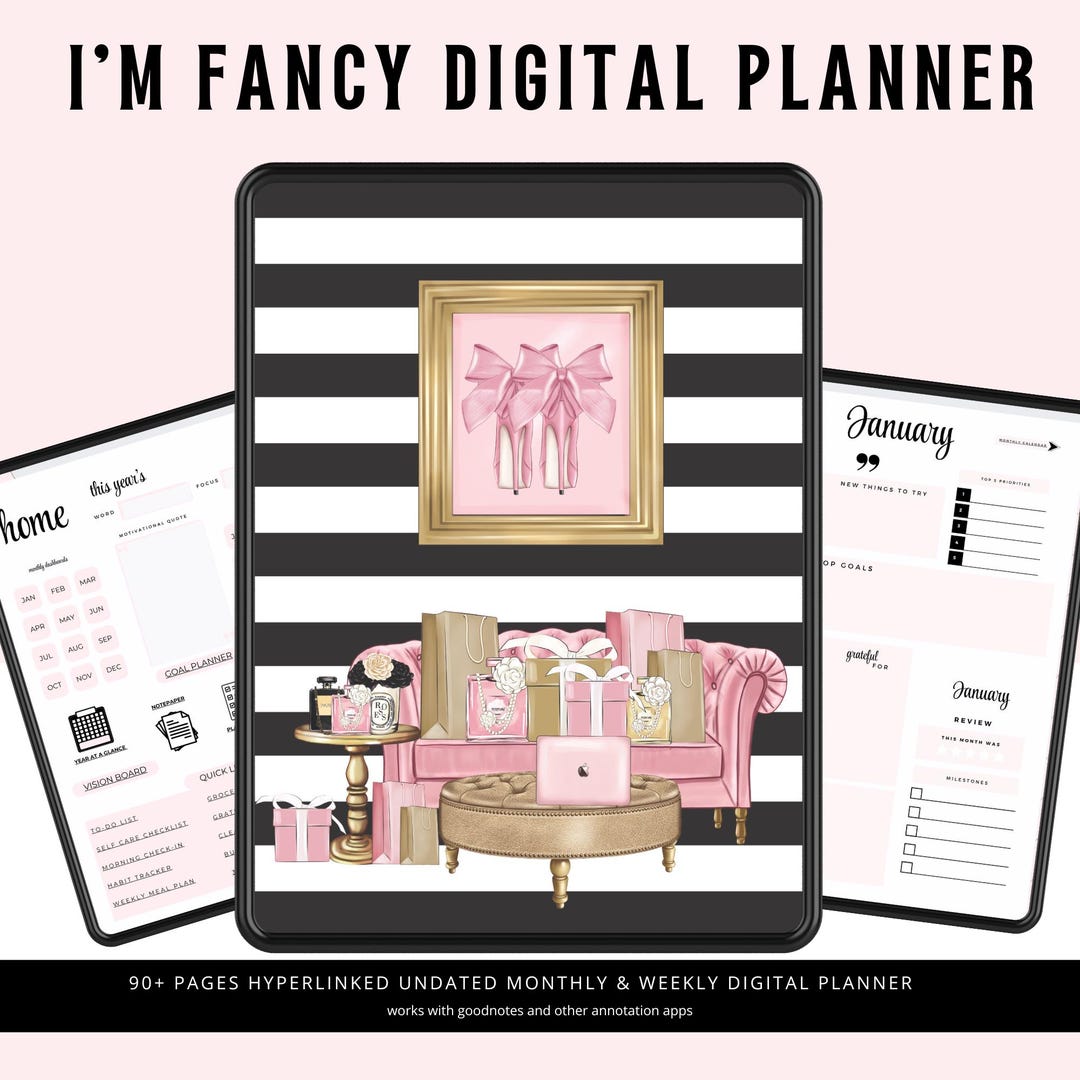 Fancy Digital Planner for iPad | Pink Stripe Hyperlinked Goodnotes PDF ...
