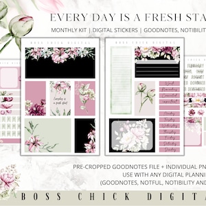 Digital Planner Stickers Monthly Digital Sticker Kit | Digital Pre-Cropped Goodnotes File Digital Stickers | PNG&#39;s Included- Fresh Start