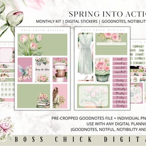 Digital Planner Stickers Monthly Digital Sticker Kit | Digital Pre-Cropped Goodnotes File Digital Stickers | PNG&#39;s |- Spring Into Action
