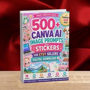 May include: A digital download guide titled 500+ CANVA AI IMAGE PROMPTS FOR STICKERS FOR ETSY SELLERS. The cover features colorful illustrations of a puppy, a pink car, a laptop, and a suitcase, with text highlighting commercial use ideas.